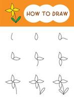 How to draw flower or flora cartoon step by step for learning, kid, education and coloring book. vector