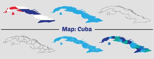 Cuba map with provinces and capital cities outline, colorful, region flag shape country map vector