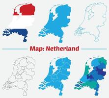 Netherlands map. High detailed outline, blue silhouette and administrative divisions map of Netherlands. All isolated on white background vector