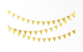 Gold color party triangle flags decoration on white background. Golden bunting garland. vector