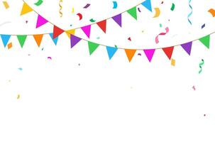 Party Decor with Multicolored Flags and Confetti. Birthday bunting flags with confetti. vector