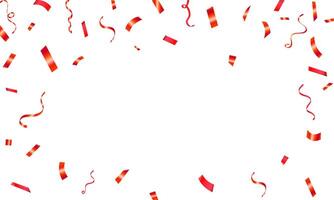 Celebration background template with confetti and red ribbons. Shiny carnival decoration. Bright festive tinsel of red color. vector