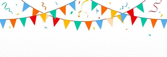 Party Decor with Multicolored Flags and Confetti. Festive background for the holiday. vector