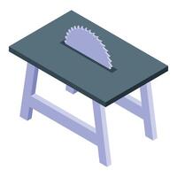 Circular saw cutting wood on table in workshop vector