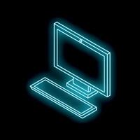Blue neon desktop pc with keyboard glowing on black background vector