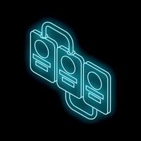 Neon blue server rack icon isolated on black background. Server hosting. Data center. Cloud computing. Vector illustration