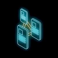 Glowing neon mobile phones sharing data through network vector