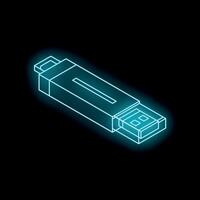 Neon usb flash drive glowing on black background vector