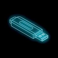 Neon usb flash drive glowing on black background vector
