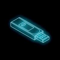 Neon usb flash drive glowing on black background vector