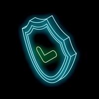 Neon shield providing security with glowing check mark on black background vector