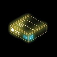 Neon yellow delivery parcel tracking isometric view glowing on black background vector