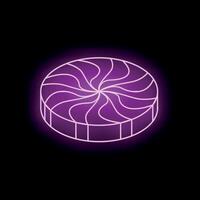 Purple neon sign shaped like a round candy with a swirl pattern on black background vector