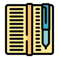 Blue pen marking place in open notebook icon vector