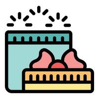 Open gift box with sticking out bow and shining around icon vector outline