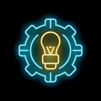 Neon icon of a lightbulb inside a cogwheel representing ideas and innovation vector