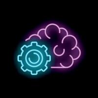 Neon icon of brain working with gear mechanism engaging vector