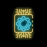 Neon icon of gear and motherboard representing machine learning process vector