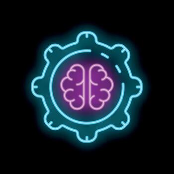 Neon icon of brain enclosed in a cog representing thinking process vector