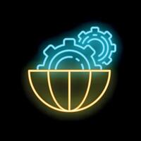 Neon icon of gears spinning above half a globe vector
