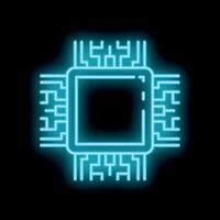 Neon icon of cpu chip glowing on black background vector