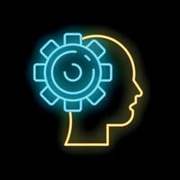 Neon style icon showing gear over human head representing thinking process vector