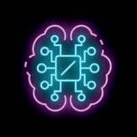 Neon artificial intelligence cpu chip inside glowing brain vector
