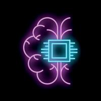 Neon style illustration of artificial intelligence with a microchip over a brain vector