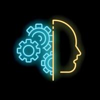 Neon icon of human head silhouette with gears representing artificial intelligence vector