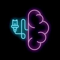 Neon icon of brain connecting to power supply symbolizing artificial intelligence vector