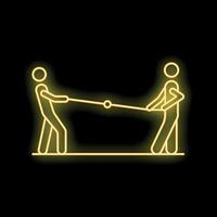 Two businessmen pulling rope in tug of war concept neon style icon vector