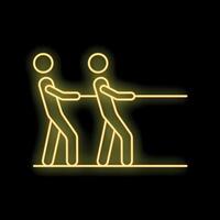 Two business people pulling rope in tug of war neon sign style icon vector