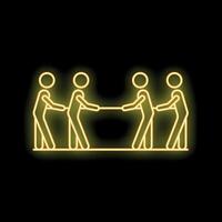Yellow neon icon of two teams playing tug of war on black background vector