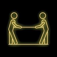 Two business people pulling rope in tug of war neon sign concept vector