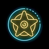 Neon sign showing five pointed star with circle on black background vector