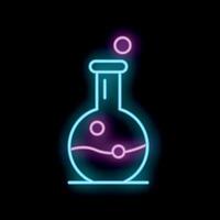 Neon icon of chemical flask bubbling with liquid on black background vector