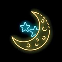 Neon glowing crescent moon with stars on a black background vector