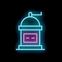 Neon icon of manual coffee grinder with handle isolated on black background vector
