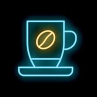 Bright neon sign showing coffee cup with coffee bean on saucer vector