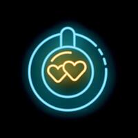 Neon sign showing two hearts inside a circle on black background vector