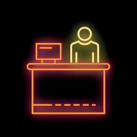 Reception desk with computer and receptionist neon sign on black background vector