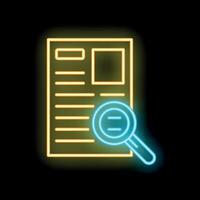 Neon icon of magnifying glass examining document for information retrieval vector