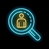 Neon magnifying glass searching for a person icon on black background vector