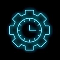 Neon blue clock face replacing center of gear shape on black background vector