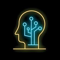 Neon style icon showing artificial intelligence with electronic components inside a human head vector
