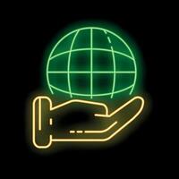 Neon icon of hand holding planet earth globe, global business concept vector