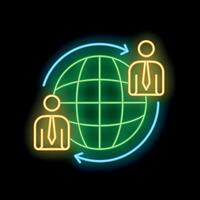 Neon icon of two businessmen connecting around a globe for global business vector