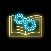 Neon icon of open book with gears symbolizing learning process vector
