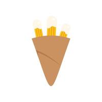Three churros standing upright in a paper cone being held by an unseen person vector