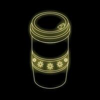 Yellow neon takeaway coffee cup with snowflake pattern on black background vector